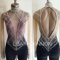 the back of a woman's dance leotard with silver and pink beads on it