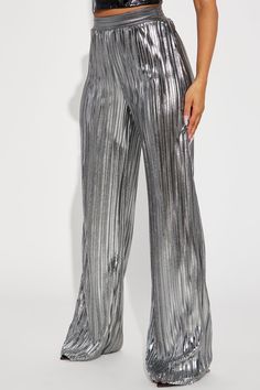 Available In Purple And Silver. Wide Leg Pant High Rise Pull On Elastic Waistband Metallic Plisse Non Stretch 100% Polyester Imported | Party Up Metallic Plisse Pant in Silver size XL by Fashion Nova Trendy Party Trousers, Summer Party Wide Leg Pants With Elastic Waistband, Summer Wide Leg Pants With Elastic Waistband For Party, Trendy Wide-leg Party Bottoms, Summer Evening Metallic Bottoms, Metallic Wide Leg Pants For Summer, Metallic Wide Leg Summer Pants, Trendy Straight Pants For Party, Wide Leg Bottoms For Summer Party