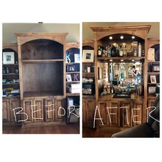 the before and after shots of an entertainment center with built - in bookshelves