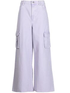 lilac purple cotton denim mid-rise belt loops concealed fly and button fastening two side cargo pockets two rear patch pockets wide leg Denim Cargo Jeans, Lavender Pants, Teal Pants, Denim Cargo Pants, Denim Cargo, High Waist Yoga Pants, Jeans Cargo, Lilac Purple, Distressed Black Jeans