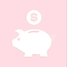 a white piggy bank sitting on top of a pink wall next to a dollar sign