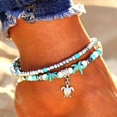 Perfect For Your Summer Beach Fun, Or Poolside Sun! Starfish Anklets, Beaded Anklet, Turtle Charm, Turtle Pendant, Beach Fun, Blue And Silver, Starfish, Summer Beach, Double Layer