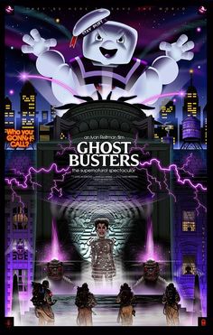 a movie poster for ghostbusters with the characters in front of them and city lights