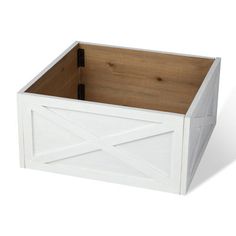 a white wooden box with an open door on the top and bottom, in front of a white background