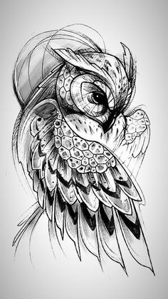 an owl with big eyes and feathers on it's head is drawn in black ink