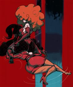 a drawing of a woman with red hair and an afro hairstyle, sitting on top of a pole