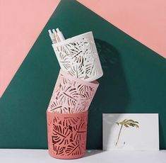 two pink vases sitting on top of a table next to a green and pink wall