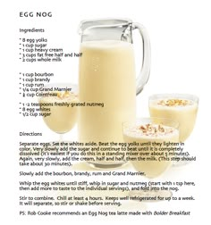 an egg nog recipe is shown in this graphic above it's ingredients and instructions