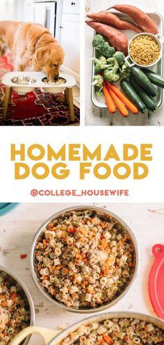 collage of homemade dog food in pans and on the table with two dogs