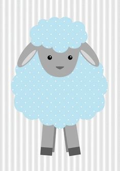 a blue sheep with white dots on it's face is standing in front of a striped