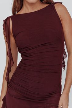 Shop the After Party Sleeveless Ruffle Trim Mini Dress Wine | Selfie Leslie Ruched Mini Dress With Ruffled Straps For Evening, Evening Mini Dress With Ruched Ruffled Straps, Summer Party Mini Dress With Ruched Back, Ruched Mini Dress With Ruffled Straps For Party, Fitted Mini Dress With Ruffled Straps For Party, Dressy Sleeveless Ruched Mini Dress, Party Mini Dress With Ruched And Ruffled Straps, Ruched Mini Dress With Ruffled Straps For Night Out, Fitted Sleeveless Mini Dress For Holiday