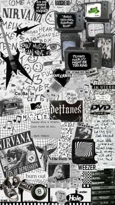 a collage with many different types of words and pictures on it's side