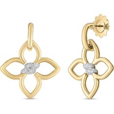 Roberto Coin - Cialoma Small Diamond Flower Earrings In 18K Yellow and White Gold Luxury White Gold Diamond Flower Earrings, Luxury Yellow Gold Flower Shaped Diamond Earrings, Luxury Yellow Gold Flower Earrings For Formal Occasions, Luxury Yellow Gold Flower Earrings For Formal Events, Luxury White Gold Flower Earrings For Formal Occasions, Luxury Gold Flower-shaped Earrings, Luxury Gold Diamond Flower-shaped Earrings, Luxury Gold Diamond Earrings In Flower Shape, Elegant Diamond Flower Shaped Earrings