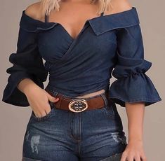 Denim Shorts Outfit, Denim On Denim, Flared Sleeves Top, Shirt Diy, Outfit Jeans, Half Skirt, Blouse Material, Womens Tops Summer, Spring Tops