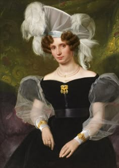 a painting of a woman in a black dress and white hat with feathers on her head