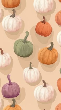 many different colored pumpkins on a beige background