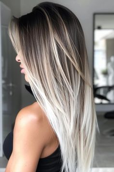 Platinum Balayage On Brown Hair, Black Root Blonde Balayage, Bold Blonde Balayage, Brunette With Platinum Blonde Highlights, Balayage Hair Blonde Straight Long, Root Melt Brunette To Blonde Straight, Dark Roots With Blonde Ends, Dark Roots And Blonde Hair, White Blonde Balayage On Brown Hair