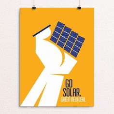 a poster with a hand holding a solar panel