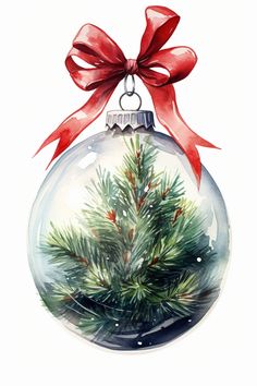 a watercolor christmas ornament with a red bow hanging from it's side