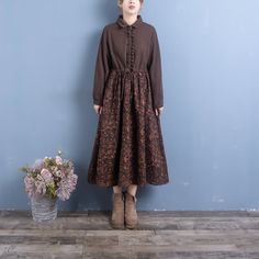 Details: Item Type: Dress Main Material: Cotton Linen Season: Spring, Autumn Style: Leisure, Daily Pattern Type: Floral Waist Type: Loose Fit Type: Loose fit/ Pullover Size: One Size Length: 119.00 cm/ 46.85 " Bust: 110.00 cm/ 43.31 " Shoulder: 41.00 cm/ 16.14 " Sleeve: 54.00 cm/ 21.26 " Brown Cotton Patchwork Dress, Brown Cotton Midi Dress For Work, Cotton Vintage Dress For Fall Daywear, Brown Patchwork Knee-length Dress, Knee-length Patchwork Brown Dress, Knee-length Brown Patchwork Dress, Brown Knee-length Patchwork Dress, Brown Long Sleeve Patchwork Dresses, Brown Long Sleeve Vintage Dress For Spring