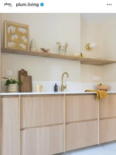 an image of a kitchen setting with wooden cabinets and white counter tops on the wall