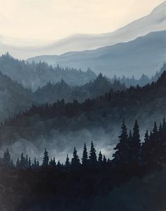 a painting of mountains and trees in the fog