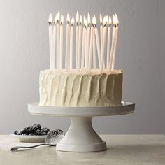 a birthday cake with white frosting and lit candles