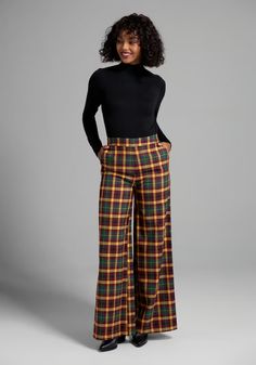 My Seventies Moment Flare Pants | ModCloth Plus Size Vintage Clothing, Designer Plus Size Clothing, Green And Burgundy, Mustard Green, Statement Outfit, Fitted Turtleneck, Plus Size Vintage