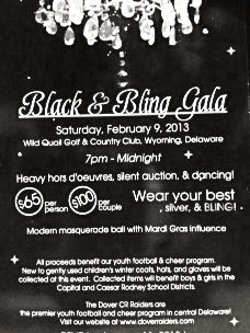 a black and white flyer for an event with chandelier hanging from the ceiling