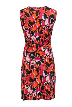 A bold pattern will make you stand out from the crowd. This luxe dress is a unique choice. Made in a soft fabric that is easy to wear. Ruched sides accentuate the waist line. Size 10 100% Silk Slips on Ruching on sides Fitted Bust 34" Shoulder to hem 40" Chic A-line Dress With Abstract Print, Casual Pink Dress With Bold Print, Bold Print Multicolor V-neck Dress, V-neck Dress With Bold Multicolor Print, Multicolor Viscose Dress With Vibrant Print, Multicolor Bold Print V-neck Dress, Chic Multicolor Bold Print Dress, Fitted Multicolor Viscose Midi Dress, Multicolor Printed Dresses For Work