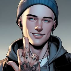 a young man with tattoos on his hand and earphones around his neck is making the peace sign