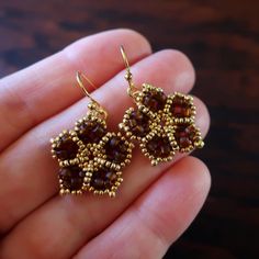 Temple Tree Mandala Flower Beaded Earrings - Matte Brown and Gold Tree Mandala, Flower Beaded Earrings, Tree Heart, Mandala Flower, Artist Gifts, Flower Mandala, Gold Glass, Hand Beading, Beaded Flowers