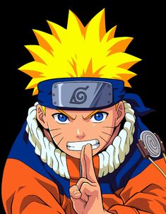 naruto pointing to the side with his finger up and wearing an orange outfit