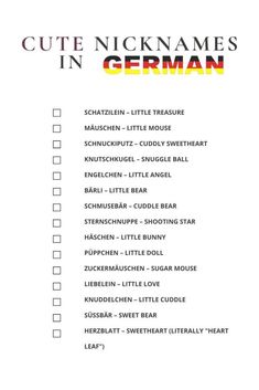 Printable Lists Of Cute Nicknames in German German Nicknames, Couples Friends, Cute Nicknames, Best Character Names, Terms Of Endearment, German Words, Unique Baby Names