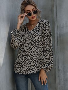 Multicolor Casual  Long Sleeve Polyester Leopard Top  Non-Stretch Spring/Fall Women Tops, Blouses & Tee Trendy Leopard Print V-neck Blouse, Trendy Leopard Print V-neck Top, Long Sleeve Chiffon Shirt, Style Bubble, Shirt Blouses Women's, Weave Style, Self Design, Chiffon Long Sleeve, Design Fabric