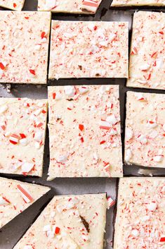 white chocolate and peppermint fudges are cut into squares