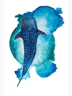 a painting of a whale in the ocean with blue watercolors and dots on it