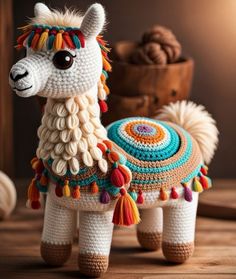 a crocheted llama sitting on top of a wooden table