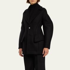 Bottega Veneta circle-cut blazer jacket in a wool blend  Notched collar  Button front  Long sleeves Side flap pockets  Mid-length  Tailored silhouette  Wool/elastane/polyacetelyne Made in Italy Cut Blazer, Wool Blazer, Bottega Veneta, Blazer Jacket, Wool Blend, Tops Designs, Blazer, Wool, Luxury Fashion