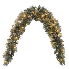 a christmas garland with pine cones and lights on it's sides, in the shape of an arch