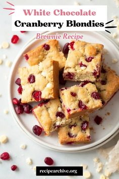 Dessert Recipe Idea: White Chocolate Cranberry Blondies Cranberry Blondies Recipe, White Chocolate Cranberry Bars, Christmas Blondie Bars, White Chocolate Cranberry Blondies, Cranberry Blondies, Tart Flavors, White Chocolate Brownies, White Chocolate Blondies, Chocolate Cranberry