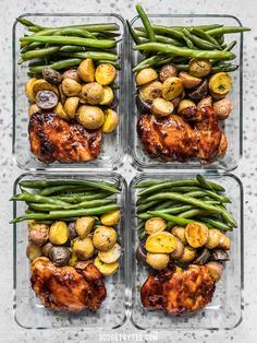 four glass containers filled with chicken, potatoes and green beans