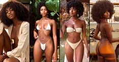 three different pictures of women in bikinis