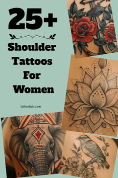 some tattoos that have flowers on them and an elephant in the middle with roses around it