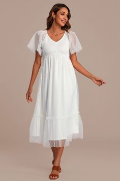 White Dot V Neck Short Ruffle Sleeve Smocked Midi Dress Feminine V-neck Midi Dress With Smocked Back, Flowy V-neck Smocked Dress For Brunch, Chic Fitted V-neck Smocked Dress, Elegant V-neck Smocked Dress For Brunch, Spring V-neck Smocked Dress For Daywear, Casual V-neck Smocked Dress With Elastic Sleeves, Elegant Smocked Dress With Flutter Sleeves For Summer, Summer Midi Dress With Smocked Bodice And Flutter Sleeves, Flowy Smocked Dress With Short Elastic Sleeves