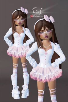 two girls dressed up in white and pink outfits, one is wearing bunny ears while the other has long brown hair