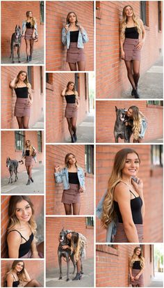 a woman posing in front of a brick wall with her dog and other pictures on it