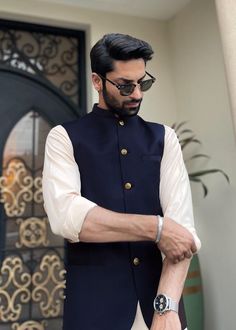 Waistcoat Ideas For Men, Men Waistcoat Outfits Wedding, Sherwani Kurta For Men, Blue Nehru Jacket Outfit, Blue Kurta With Nehru Jacket For Men, Indian Waistcoat Men, Black Nehru Jacket Outfit For Men, Blue Waistcoat Men Outfit, Reception Mens Outfit