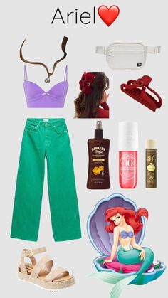 the little mermaid is wearing green pants and pink top with her hair in pony tail