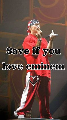 a man standing on top of a stage with a microphone in his hand and the words save if you love emiment